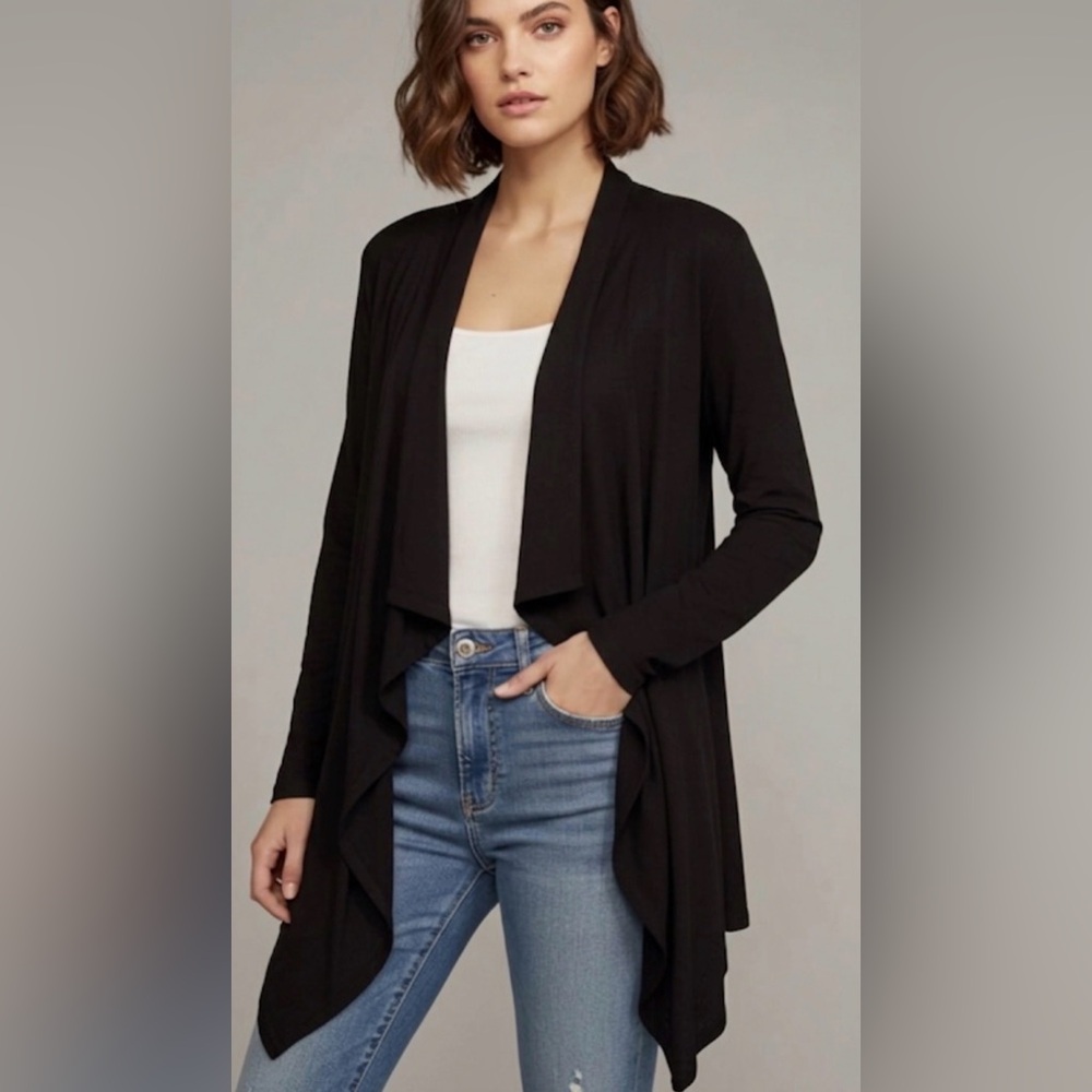 162. Black Open Front Waterfall Clean Lines Cardigan
